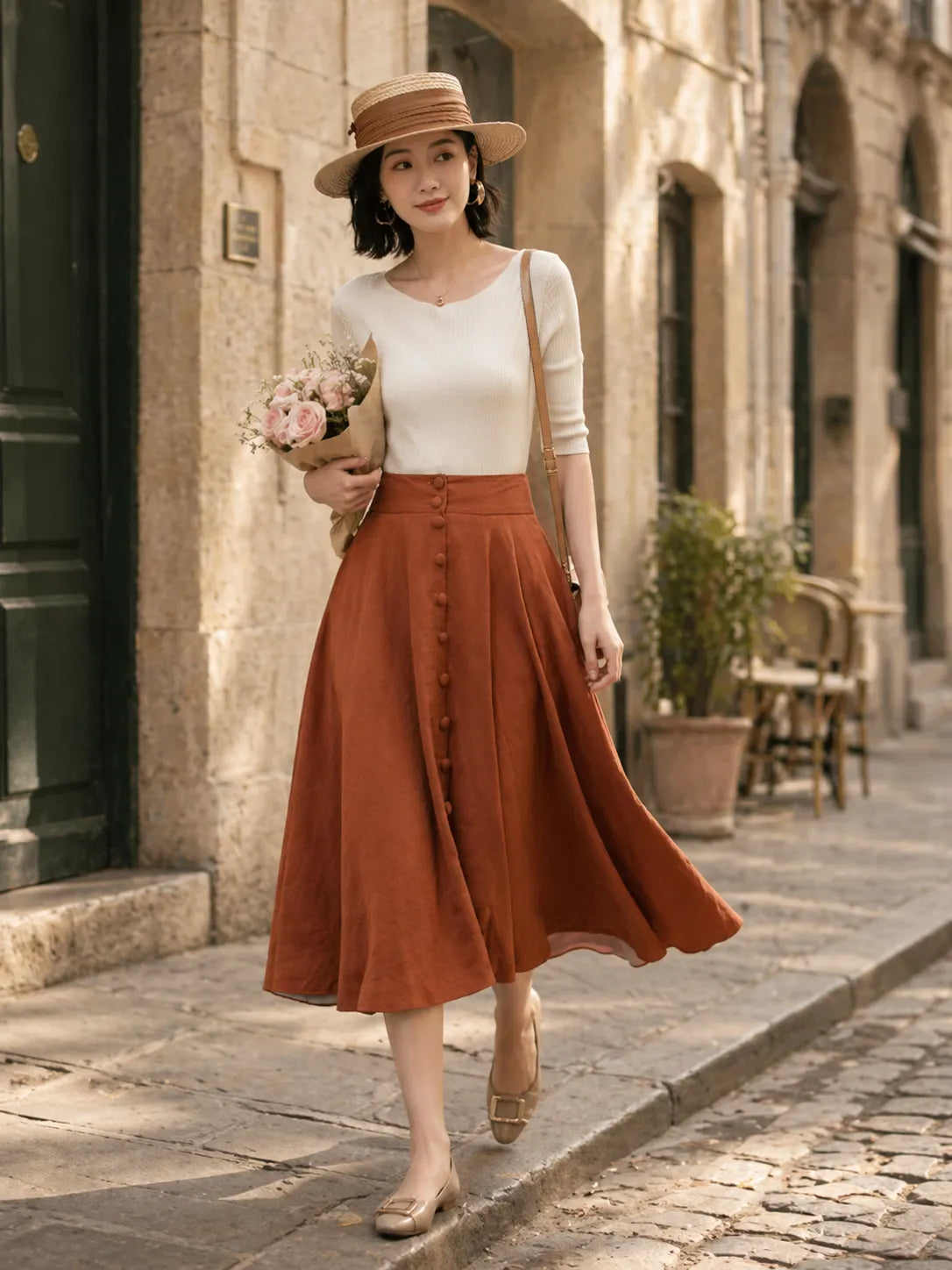 Handmade Linen Midi Skirt – Rust Brown Button Front Swing Skirt 