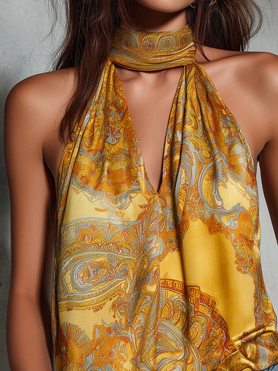 Golden Baroque Print Halter Satin Scarf-Neck Sleeveless Blouse