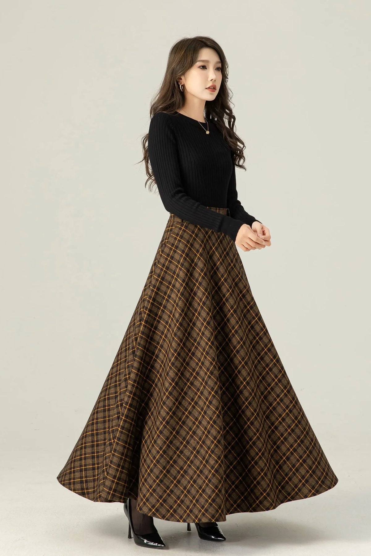 Handmade Brown Plaid Wool Maxi Skirt – High Waist Pleated Winter Long Skirt 