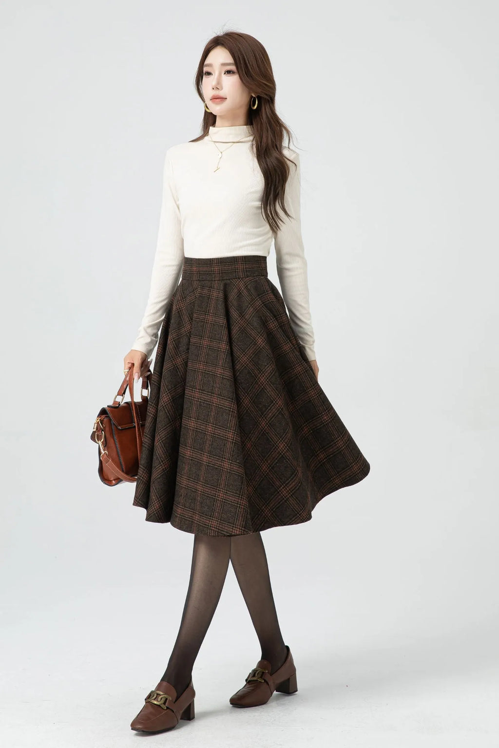 Brown Plaid Wool Midi Skirt – Vintage High Waist Pleated Circle Skirt 5323