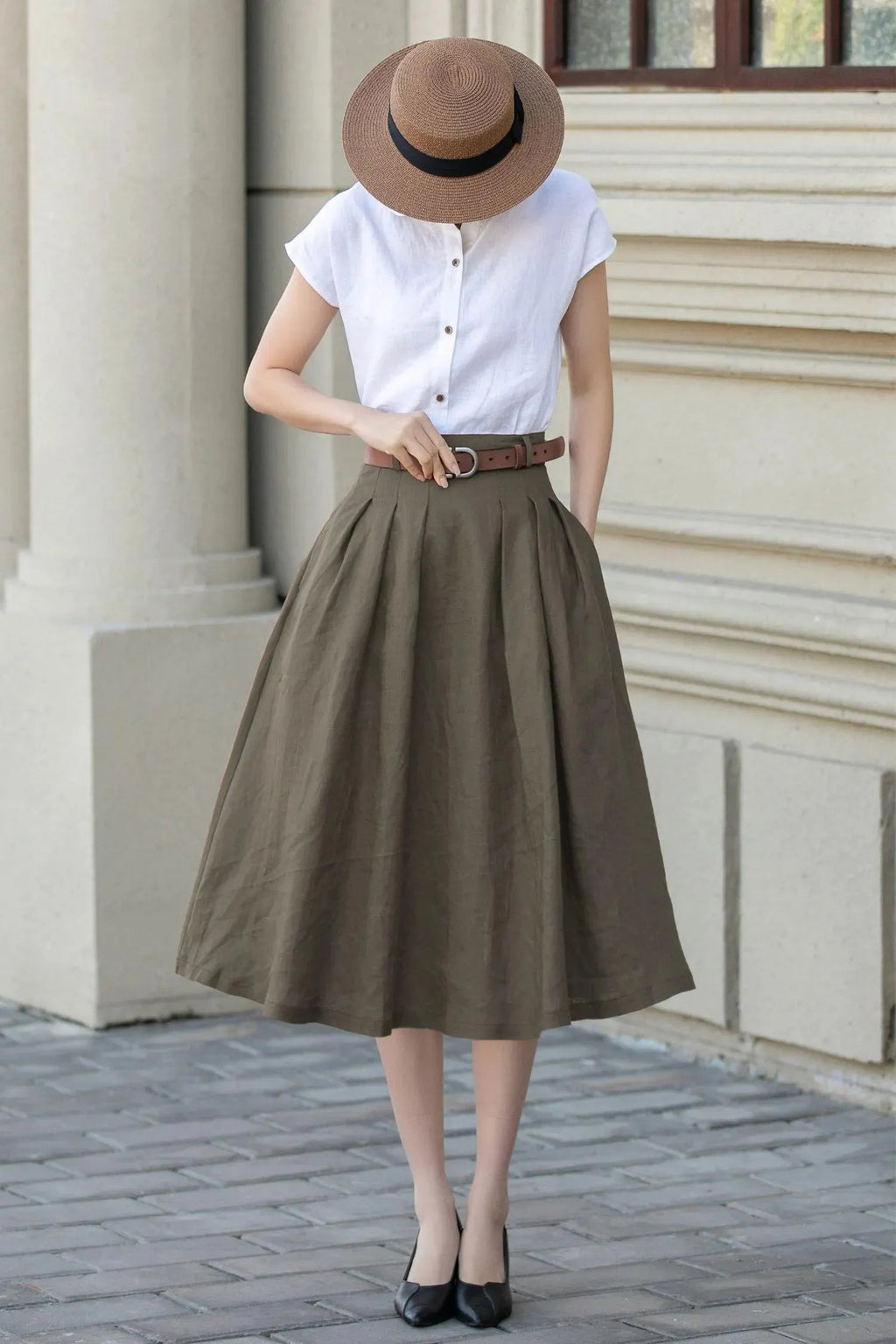 Olive Green Linen Blend Pleated Midi Skirt - A-Line with Pockets 5556