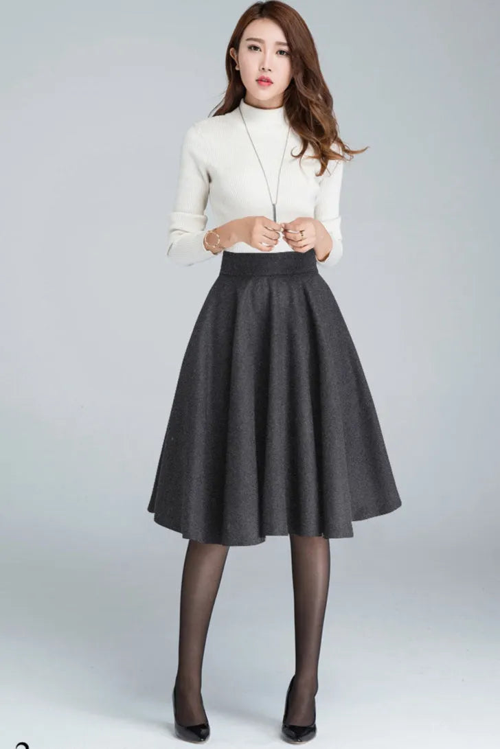 Wool Blend A-Line Skirt – Classic High Waist Midi Skirt with Pockets 1633