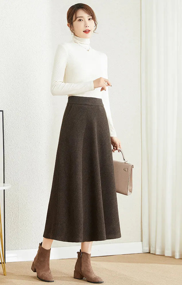 Brown Wool A-Line Midi Skirt - High Waist Winter Essential 3861