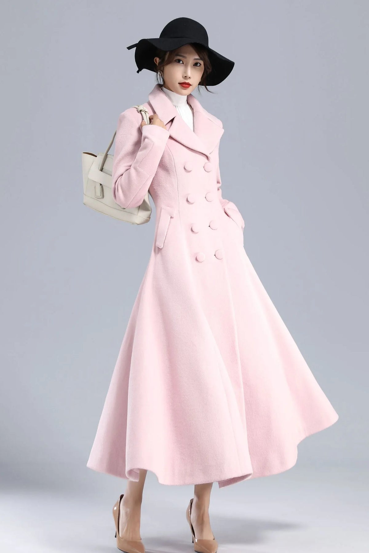 Romantic Pink Wool Blend Coat – Winter Double Breasted Overcoat 3240