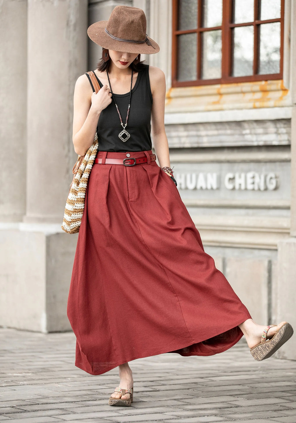 Handmade Linen Maxi Skirt – Red Asymmetrical Long Skirt for Women 