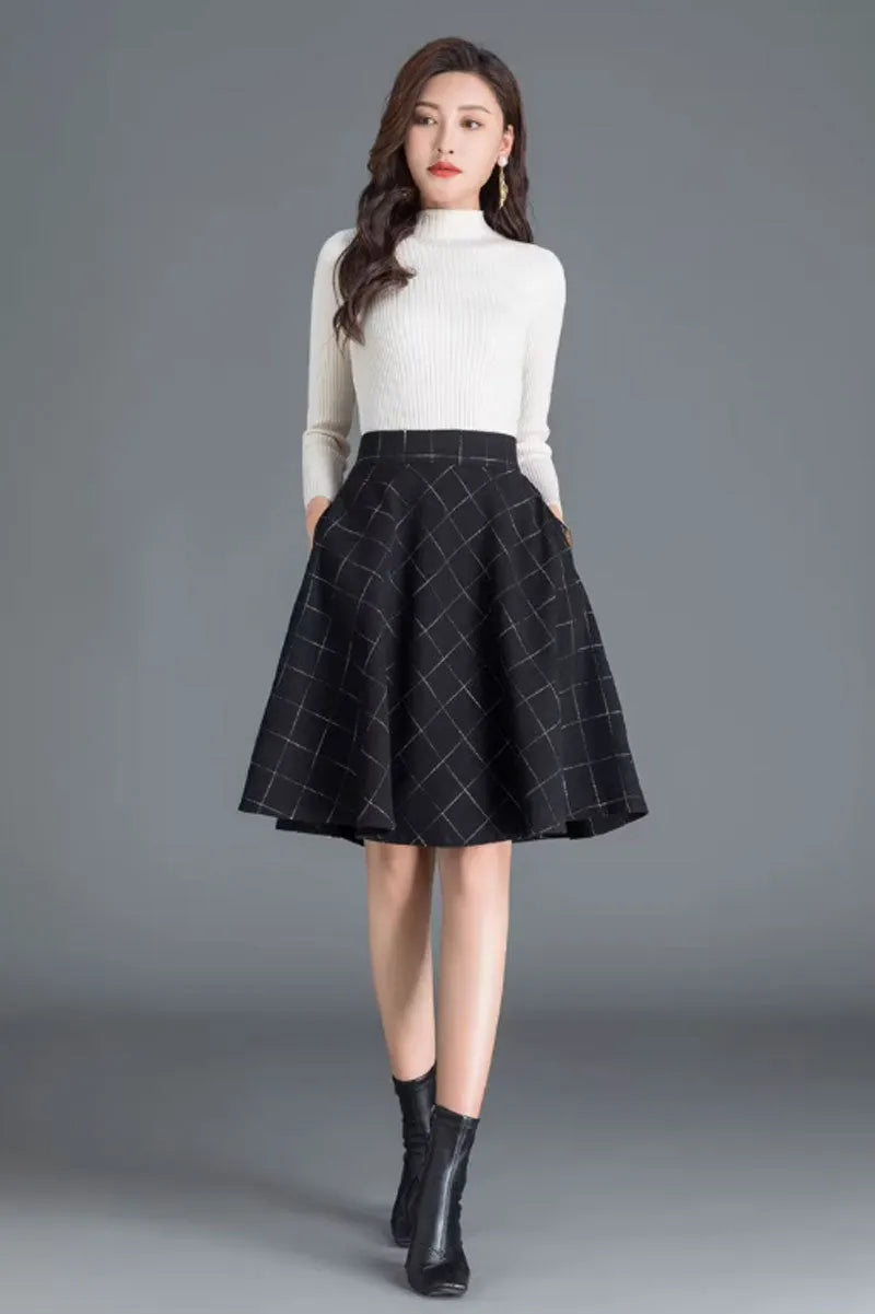 Black Wool Skater Skirt - Elegant A-Line Winter Essential 4655-4