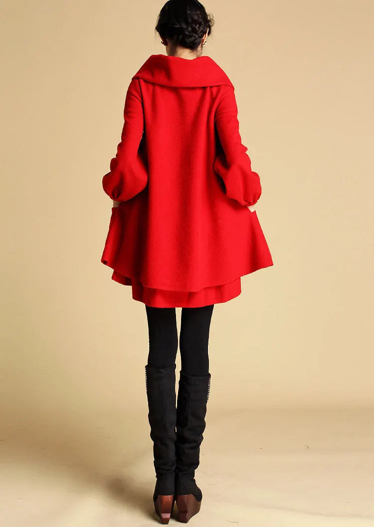Red Wool Tunic Dress - Oversized Collar, Relaxed Fit Swing Silhouette 349