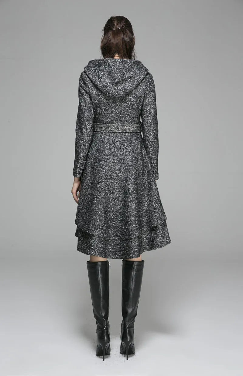 Vintage Wool Coat for Women – Handmade Gray Hooded Belted Winter Coat with Layered Hem 