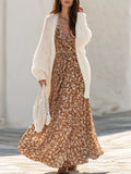 Fuzzy Mohair Open Front Oversized Long Cardigan And Brown Ditsy Floral Print Ruffle V-Neck Flowy Tiered Maxi Dress Two P
