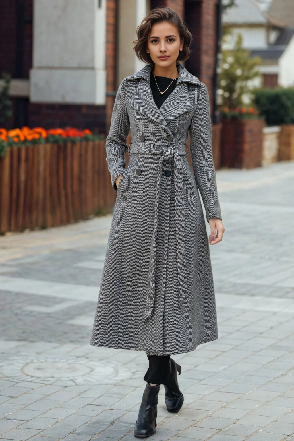 Gray Wool Long Trench Coat - Double Breasted Tie Waist 6288