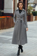 Gray Wool Long Trench Coat - Double Breasted Tie Waist 6288