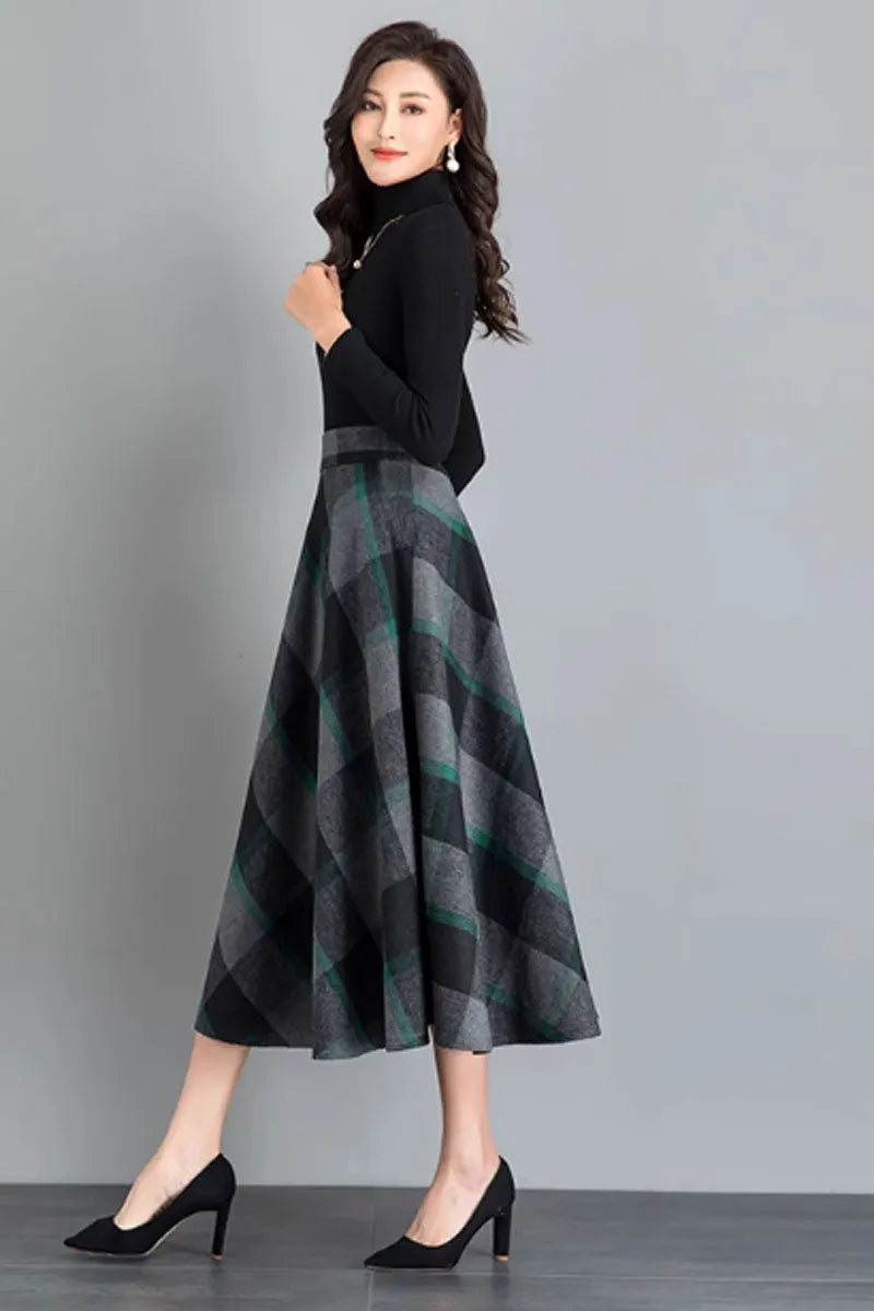 Plaid Wool Midi Skirt - A-Line Silhouette with Back Elastic Waist 4641-5
