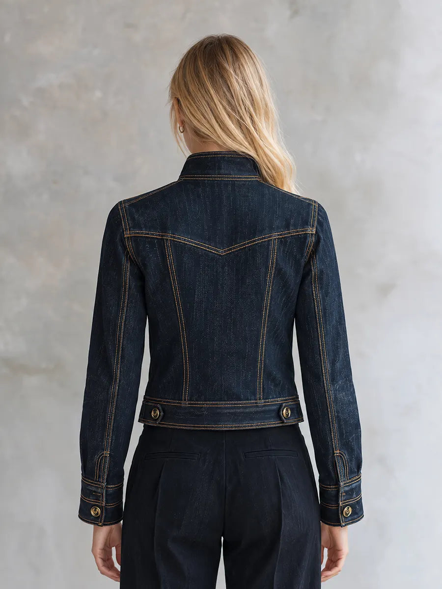 Women’s Cropped Navy Contrast Stitching Denim Jacket