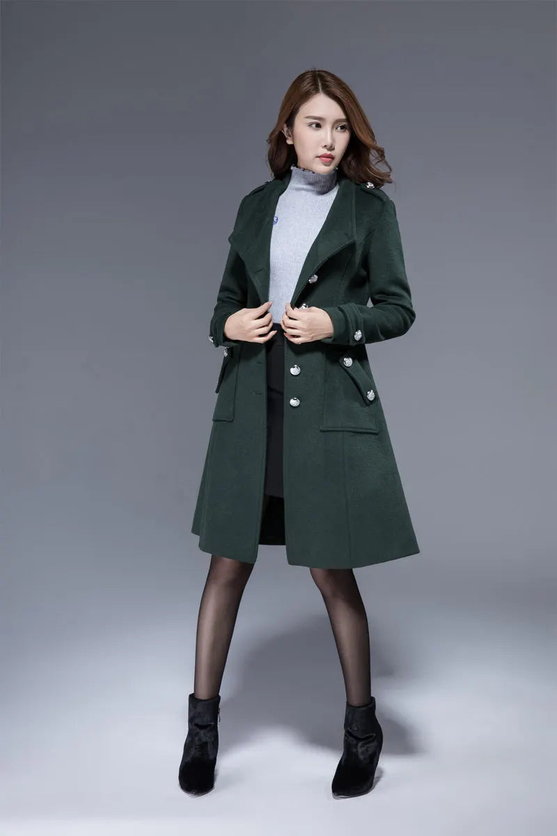 Xiaolizi Dark Green Wool Coat for Women – Handmade Knee-Length Asymmetrical Winter Coat 1821