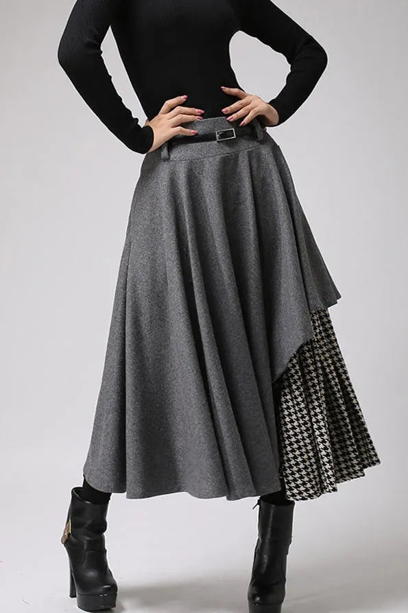Grey Wool Midi Skirt - Houndstooth Panel & Belted Waist 720