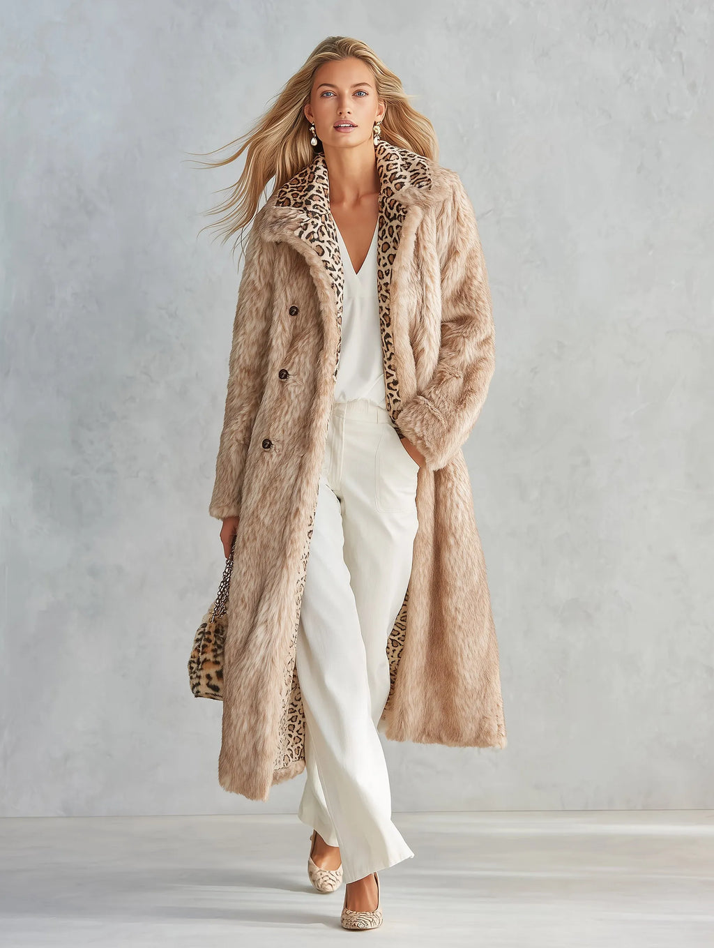 Stylish And Warm Leopard-Print Collar Faux Fur Coat