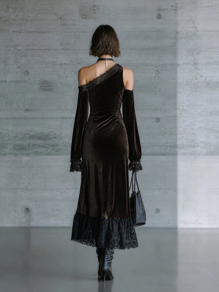 Women's Off Shoulder Velvet Lace Trim Black Dress MDZ0350I2YZJ