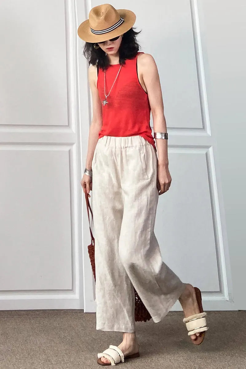 Beige Cotton Linen Wide Leg Pants - Loose Fit with Elastic Waist 3496
