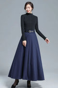 Navy Wool Maxi Skirt - High Waist, Elastic Back 3140