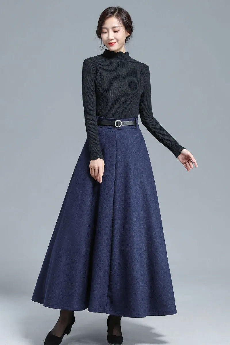 Navy Wool Maxi Skirt - High Waist, Elastic Back 3140