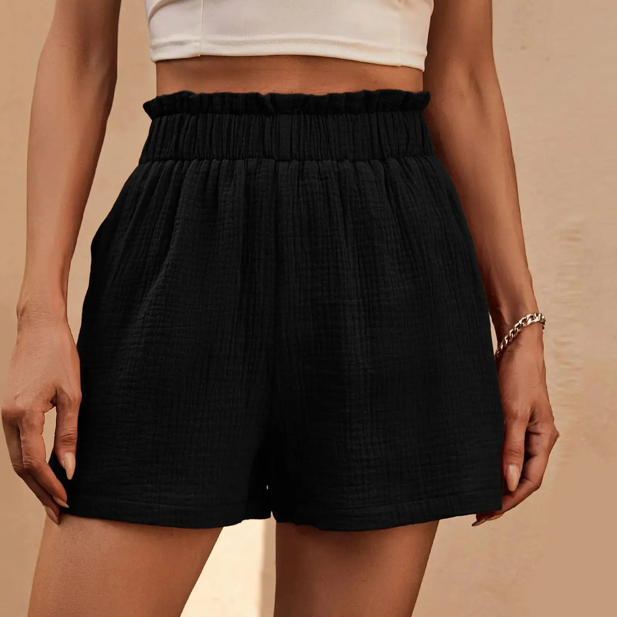 Cotton Double Layered Pleats Hem Straight Leg High Waist Sports Short