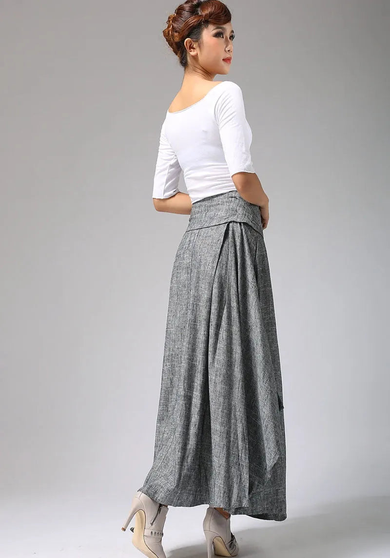 Gray Linen Cotton Maxi Skirt – Handmade Wrap Skirt with Belt  0689
