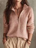 Relaxed Half-Zip Knit Pullover – Vintage Blush, Cozy Chic