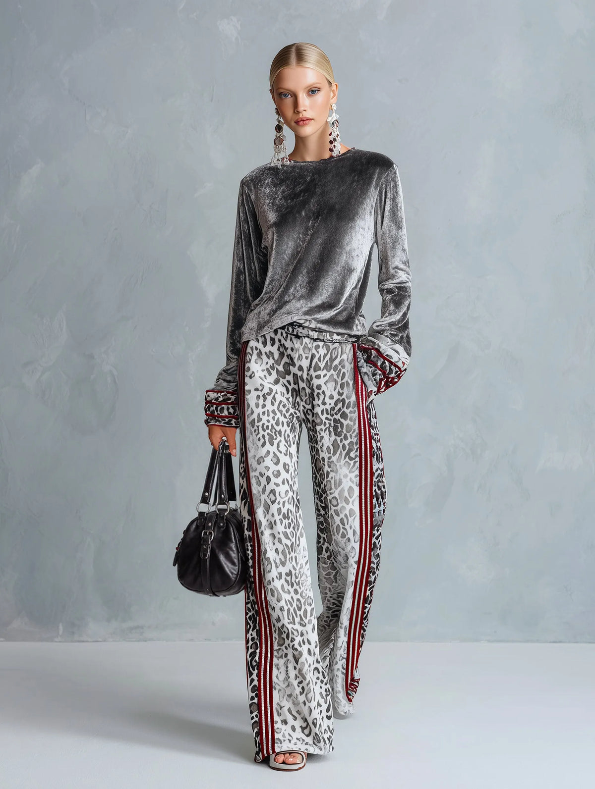 Chic Casual Striped Trim Grey Leopard-print Wide-leg Pants