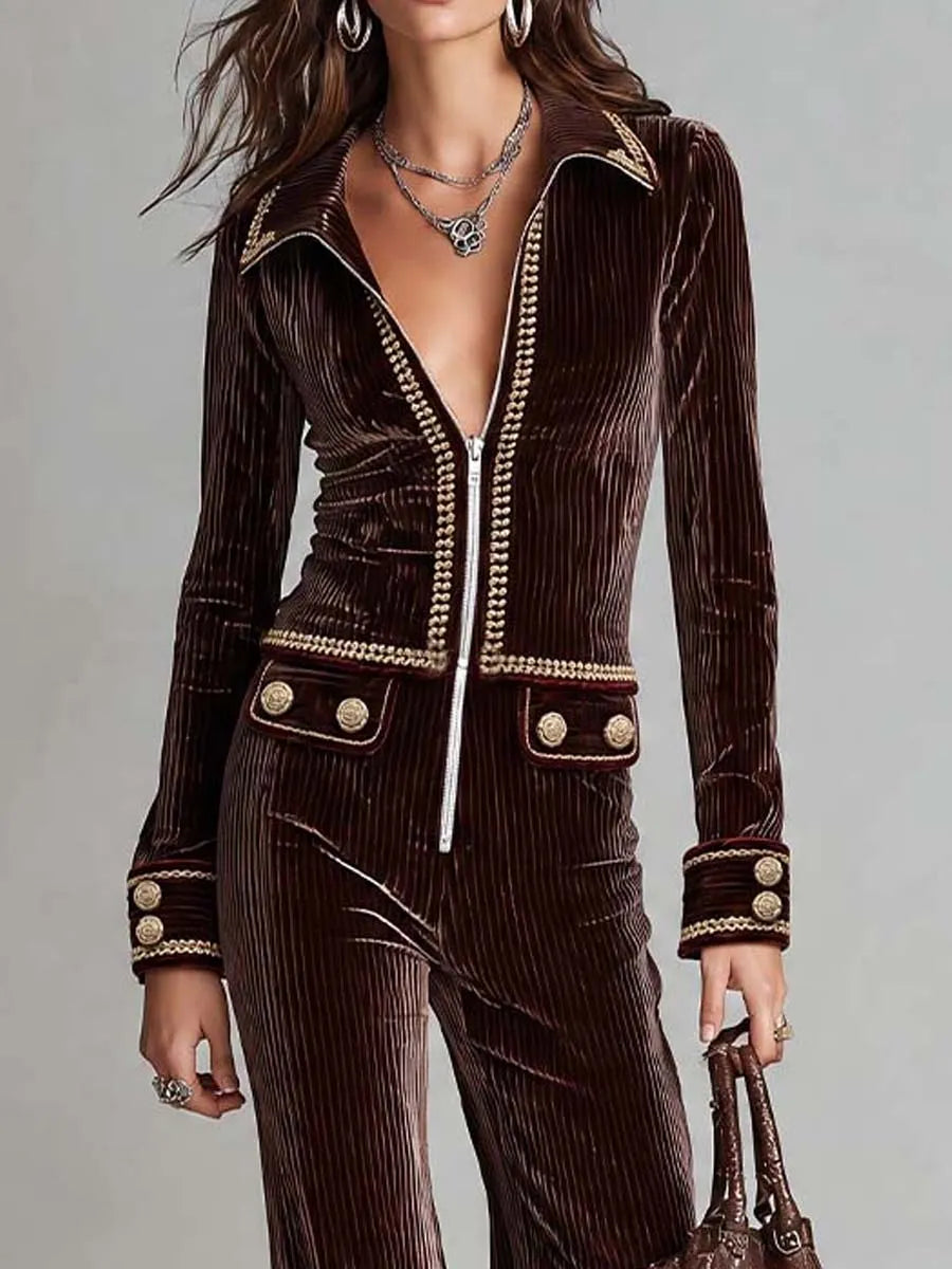 Retro Corduroy Jumpsuit With Gold-trimmed Zip-up Jacket And Flared Trousers