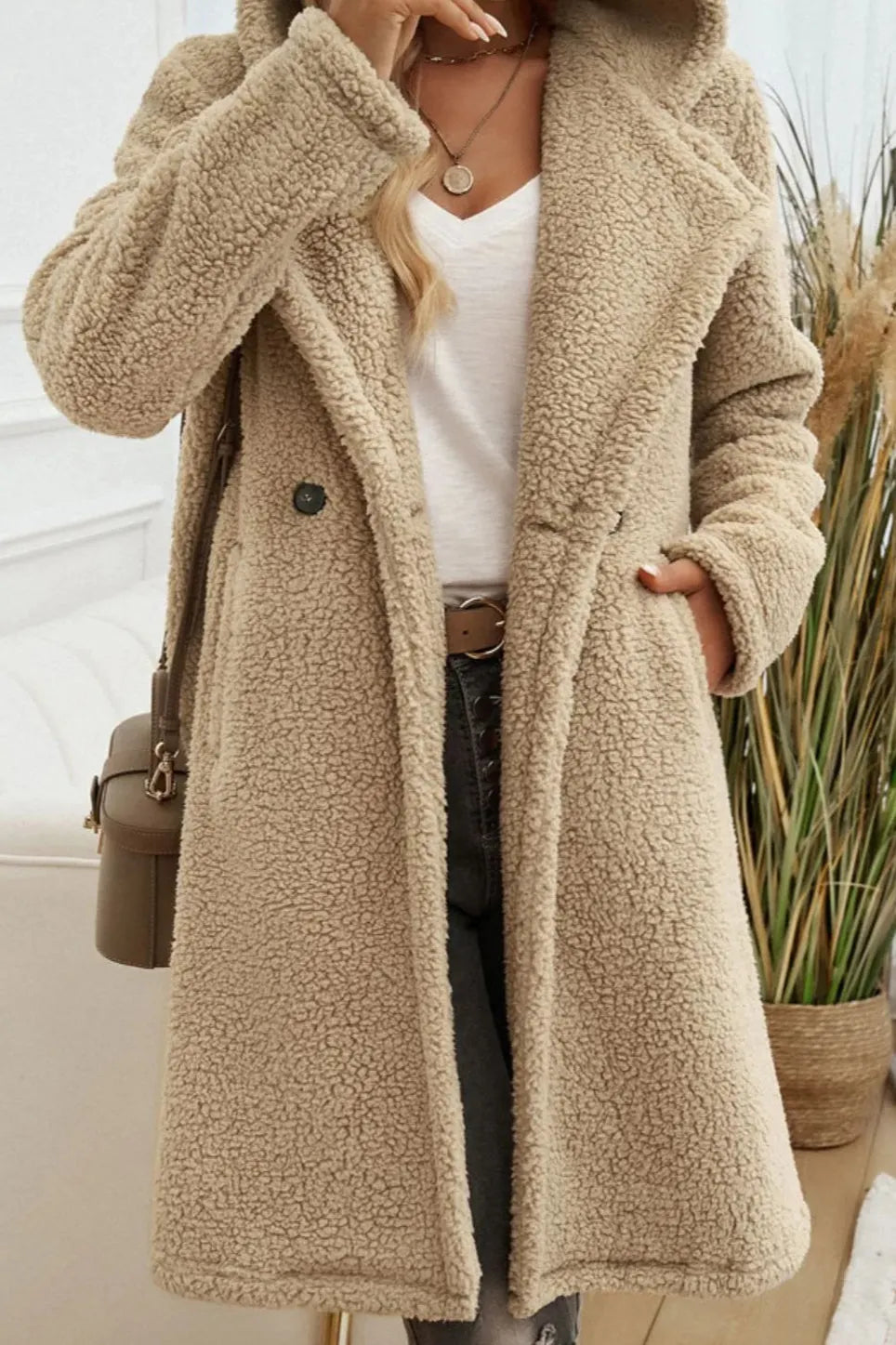 Mid-Length Fuzzy Lapel Coat