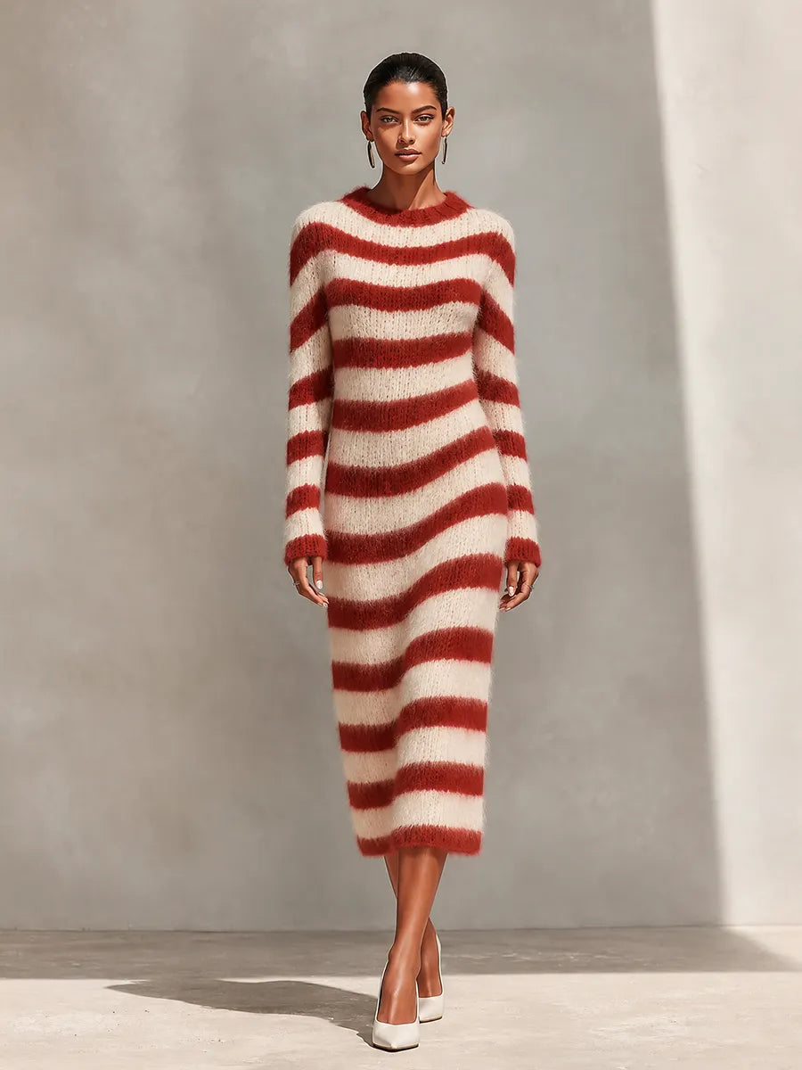 Women's Crew Neck Striped Knit Dress For Fall Daily Wear MDZ0223I7LYL