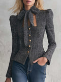 Vintage Elegant Black Tweed Tie-Neck Bow Puff Shoulder Gold Button Fitted Jacket