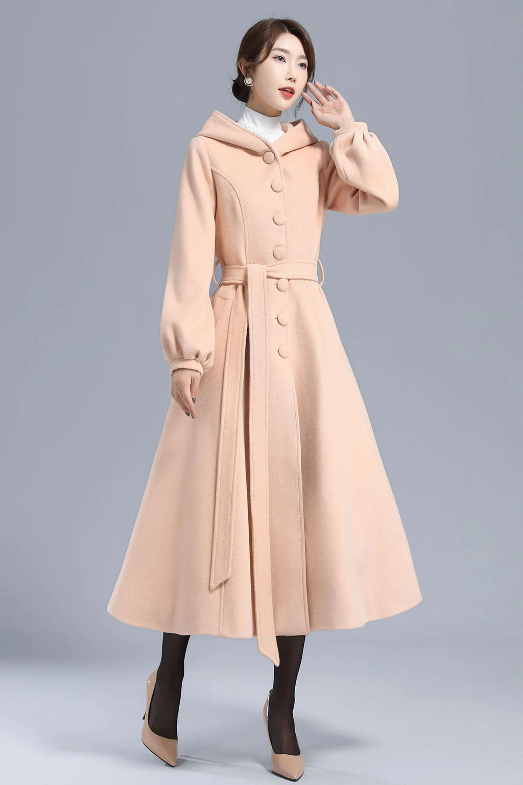 Handmade Wool Hooded Coat – Lantern Sleeve Belted Winter Long Overcoat 