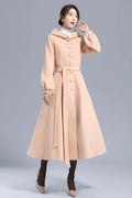 Handmade Wool Hooded Coat – Lantern Sleeve Belted Winter Long Overcoat 