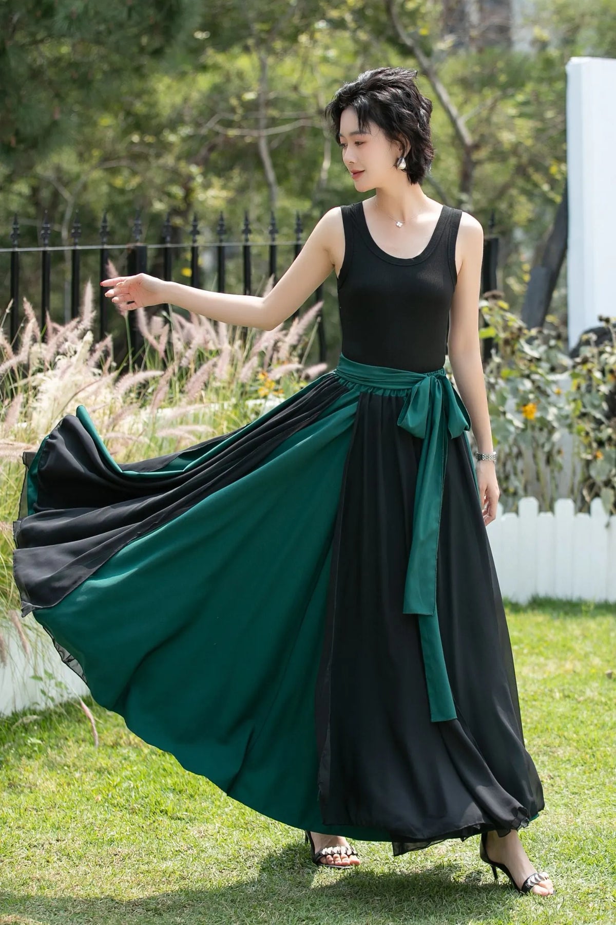 Black and Emerald Green Chiffon Maxi Skirt 