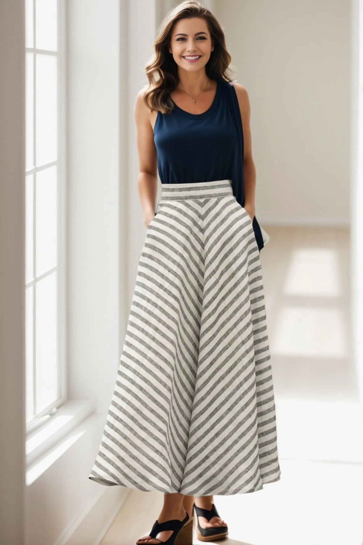 Striped Linen Maxi Skirt - A-Line Flowy High Waist 5120