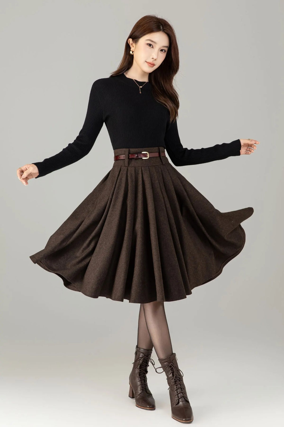 Vintage Wool Blend Circle Skirt – Handmade Knee Length Winter Skirt with Pockets 