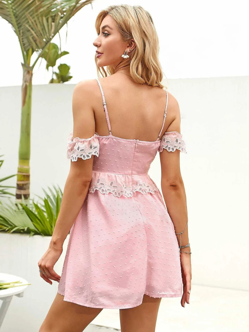 KittenAlarm - Off Shoulder Ruffle Detail Lace Trim Cami Dress