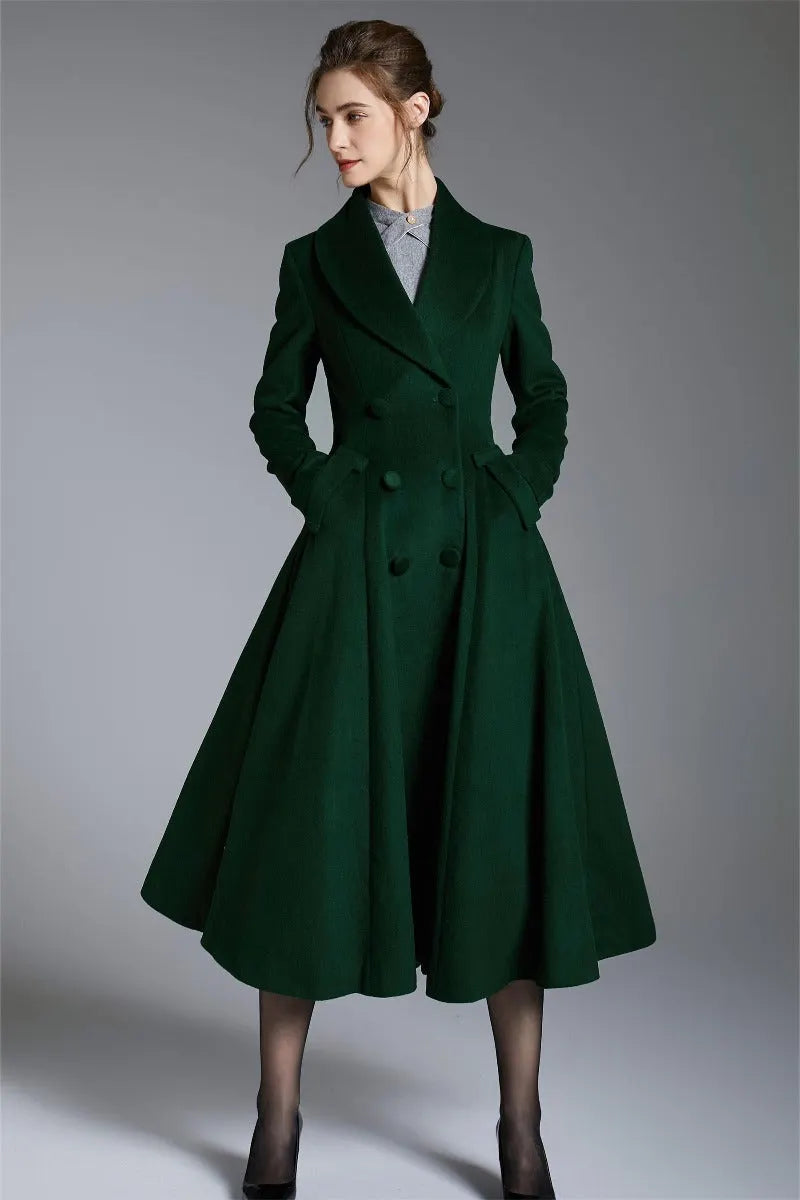 Elegant Wool Blend Coat – Double Breasted A-Line Long Overcoat 