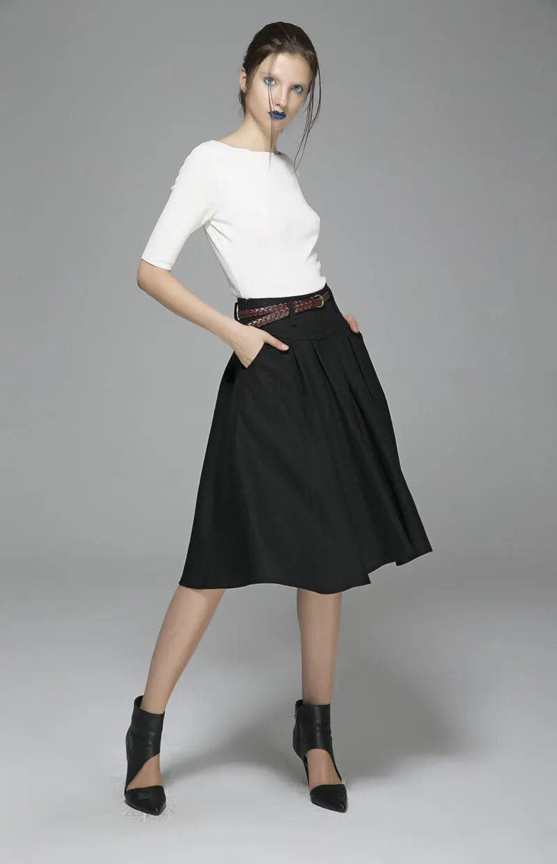 Black Wool Midi Skirt – Vintage High Waist Skirt with Pockets 1390