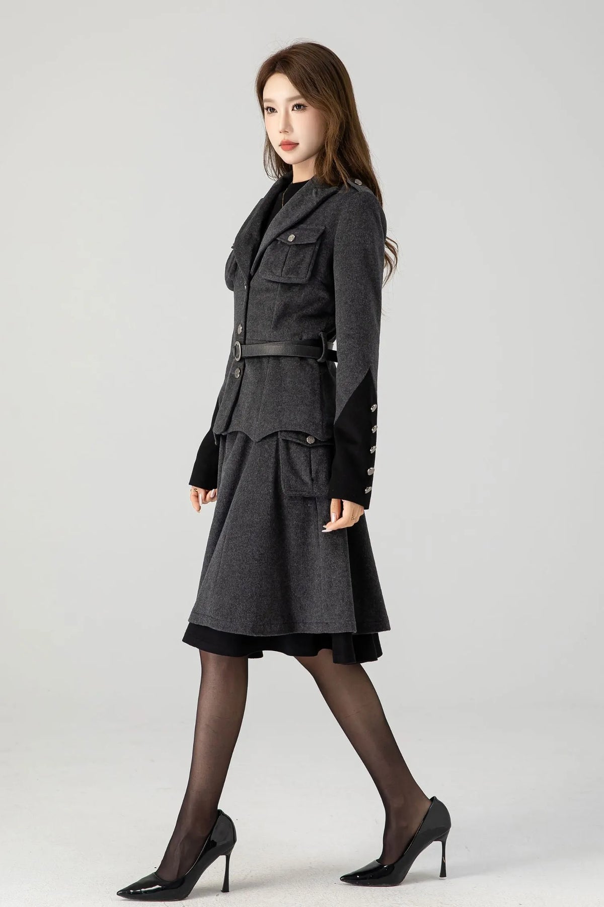 Gray Wool Military Short Coat - Relaxed Fit, Button-Flap Pockets 4605