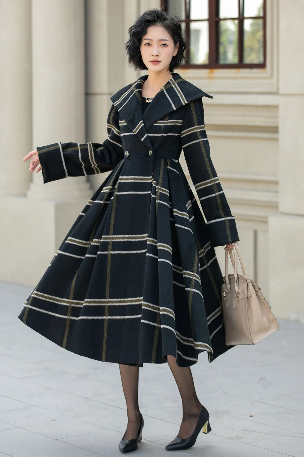 Black Wool Fit and Flare Coat - Double Breasted Stripe Design 5454