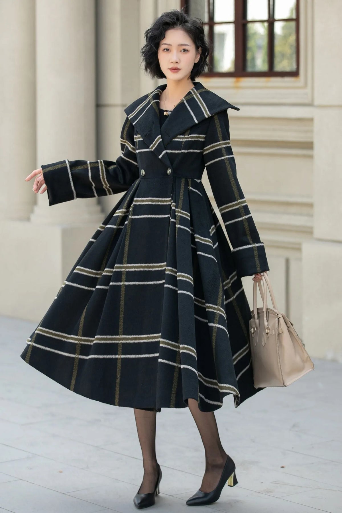 Black Wool Fit and Flare Coat - Double Breasted Stripe Design 5454