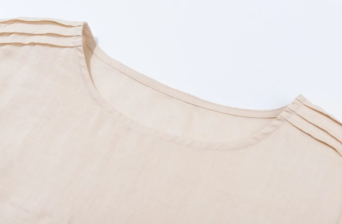 Beige Linen Blouse for Women – Pintuck Shoulder Top, 3/4 Sleeve Summer Shirt 1929