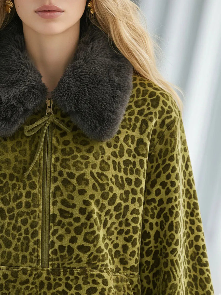 High-end Fashionable Leopard Print Velvet Faux Fur Collar Sweatshirt Wide-leg Pants Suit