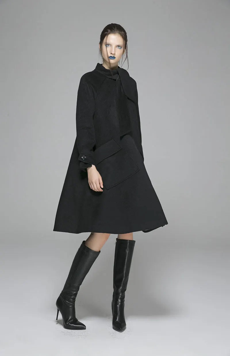 Handmade Black Wool Coat – Oversized A-Line Winter Overcoat with Big Pockets 