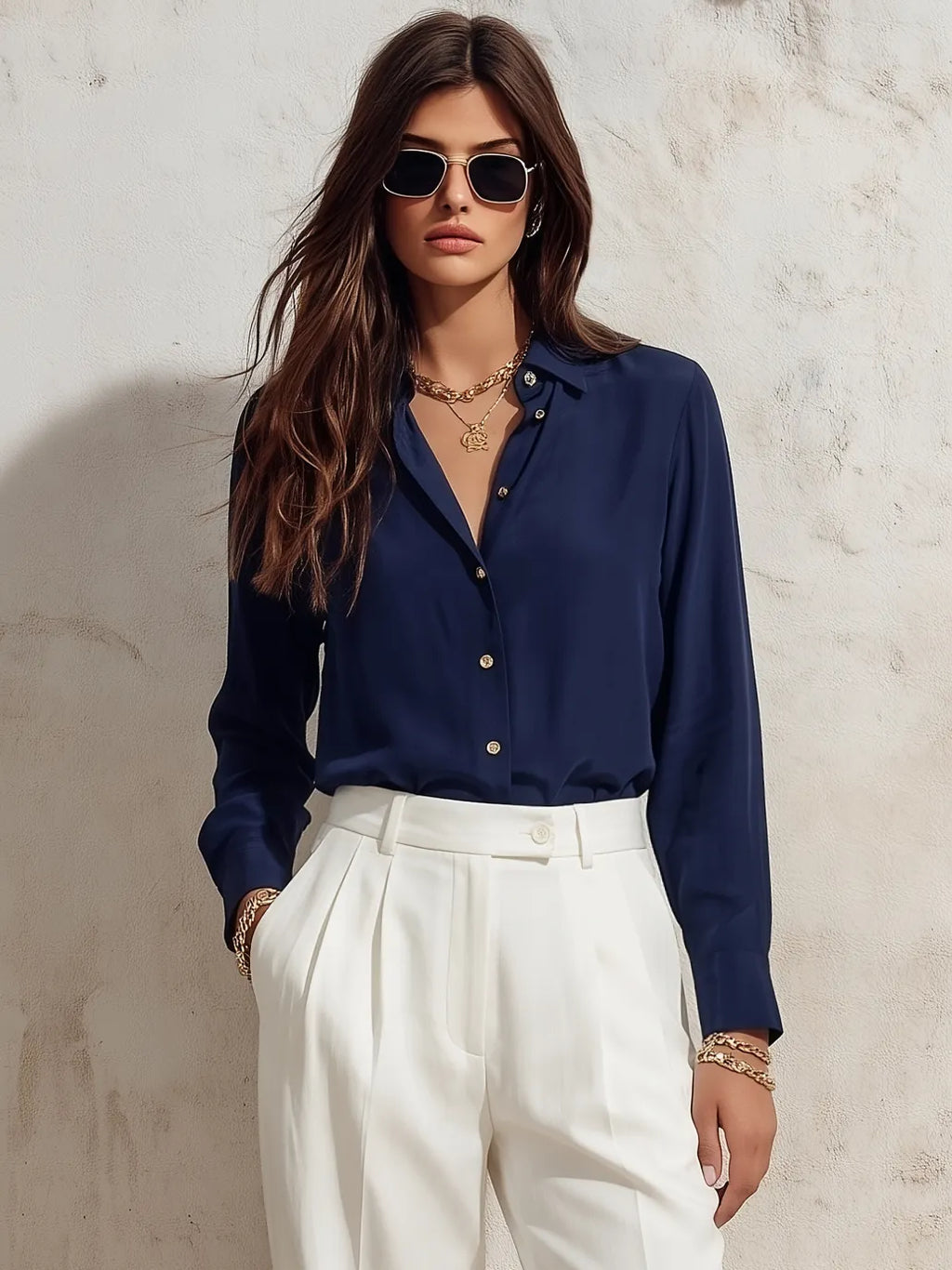 Nautical Riviera Navy Blue Matte Satin Long Sleeve Button Down Shirt