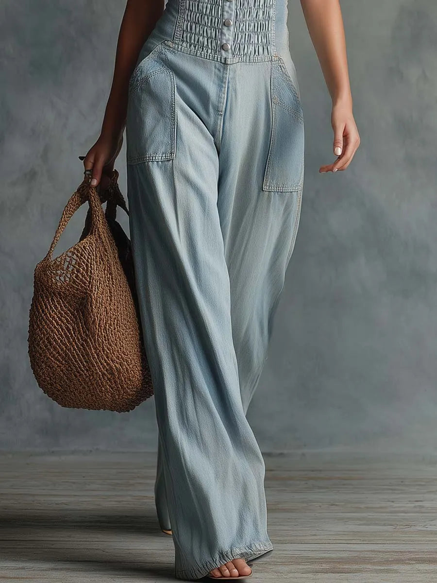 Retro Personality Light Blue Distressed Denim Overalls Jumpsuit