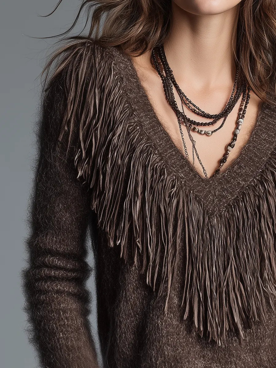 Bohemian Chocolate Brown Fringe V-Neck Knit Sweater