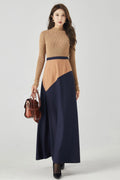 Camel and Navy Wool A-Line Maxi Skirt - Patchwork Slimming Fit 4537